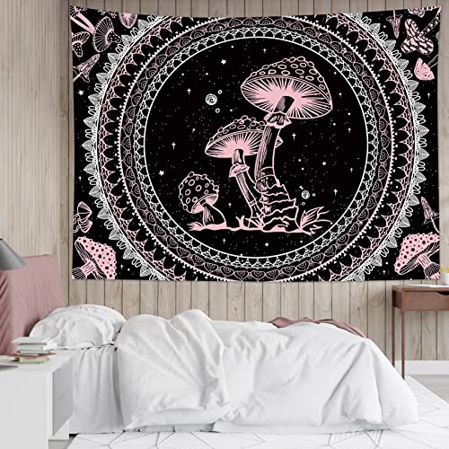 SCECALA Pink Mushroom Tapestry Boho Mandala Pattern with Pink Mushroom Wall Tapestry Black and White Star Wall Hanging for Bedroom Living Room Teen Dorm Party Home Decor 92.5x70.9 Inch - color: Pink, size: 70.9"L x 92.5"W