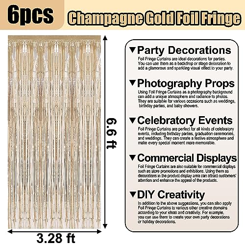 6 Pack Champagne Gold Foil Fringe Curtain Backdrop, 3.28Ft x 6.6Ft Metallic Tinsel Foil Fringe Streamer Curtains for Photo Booth, Christmas Day, Thanksgiving, Wedding, New Year Party Decorations - color: Champagne Gold