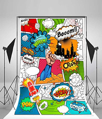 Yeele 5x7ft Cartoon Superhero Photography Background Humor Comics Book Photo Backdrops Vinyl Knock Combating Villain Boom Crash Rocket Pow Newborn Baby Boys Birthday Party Decorative Studio Props