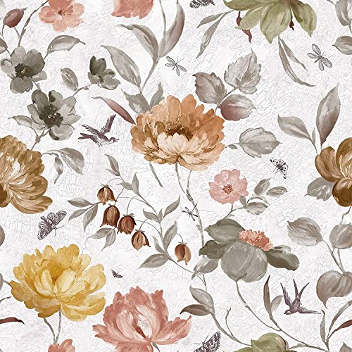 Vintage Floral Peel and Stick Removable Waterproof Wallpaper - Brown Contact Paper Vinyl Butterfly Self-Adhesive Wall Paper 17.71 in X 236.2 in - color: Floral-03, size: 17.71" x 236.2"