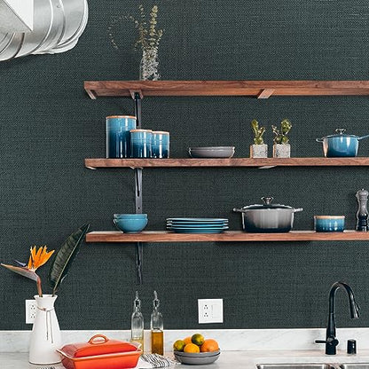 WADILE Grasscloth Peel and Stick Wallpaper 15.7in x 78.7in, Textured Contact Paper for Cabinets, Faux Linen Wall Paper Pull and Stick, Fabric Vinyl Wallpaper Self Adhesive Blackish Green - color: Blackish green, size: 15.7" x 78.7"