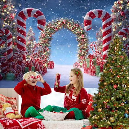 Mocsicka 7x5ft Christmas Candy Cane Photography Backdrop Winter Candyland Christmas Eve Party Decorations Background Christmas Tree Garland Photo Prop Supplies - size: 7x5ft