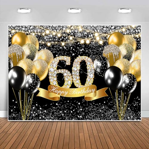 Sensfun Happy 60th Birthday Backdrop Black and Gold Birthday Party Decorations Glitter Balloons Photography Background for Men Womens Fabulous 60th Bday Sign Supplies Sixty Years Old Cake Banner 5x3ft - color: Black and Gold Diamond 60 Birthday, size: 5X3