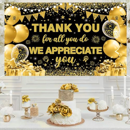 Vlipoeasn We Appreciate You Banner Decorations, Black Gold Thank You for All You Do Backdrop Banner Honeycomb Centerpieces, Retirement Office Decor Staff Teachers Professors Doctor Nurses Appreciation - style: Black Gold