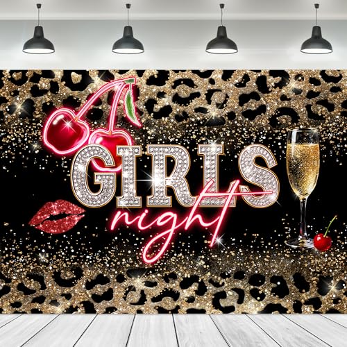 Girls Night Backdrop 7Wx5H Feet Fabric Polyester Vintage Leopard Print Red Cherry Lips Neon Champagne Glitter Cheetah Fashion Woman Girly Photography Background Banner Photo Shoot Decor Prop - color: A-01leopard cherry glitter, size: 7Wx5H