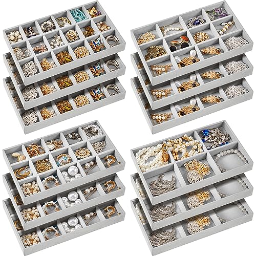 Junkin 12 Pcs Jewelry Tray Velvet Stackable Jewelry Organizer Trays Divided Earring Accessories Storage Containers Box (Rose Red) - color: Gray