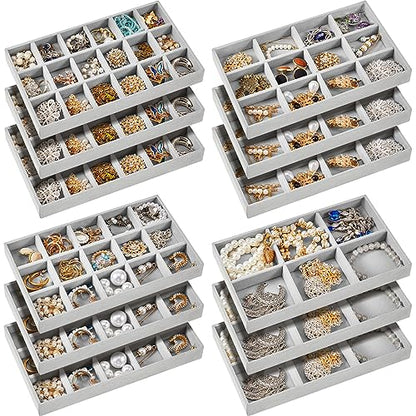 Junkin 12 Pcs Jewelry Tray Velvet Stackable Jewelry Organizer Trays Divided Earring Accessories Storage Containers Box (Rose Red) - color: Gray