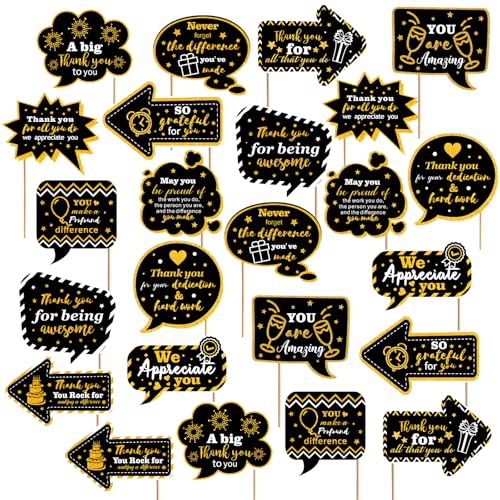 24 Pcs Teacher Staff Volunteer We Appreciate You Decorations Photo Booth Props Appreciation Decor Black and Gold Thank You Sign Photo Props for Teacher Nurse Employee Coworker Appreciation - color: Black, Gold