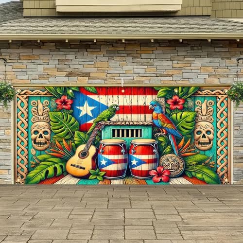 BlissYard 13x6ft Summer Hawaiian Garage Door Banner Puerto Rico Decor Backdrop Tropical Theme Aloha Tiki Totem Large Banner Garage Door Cover for Party Indoor Outdoor House Wall Decor - color: Garage Banner#6