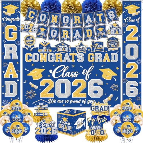 Graduation Decorations Class of 2026 Blue and Gold Graduation Decorations with Congrats Grad Banner,Backdrop,Porch Sign,Balloons,Hanging Swirls,Honeycomb Centerpieces,Box for Graduation Party Supplies - color: Blue