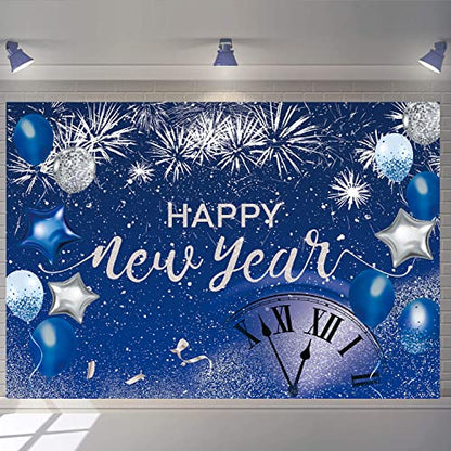 Blue Happy New Year Backdrop 2026 New Year Eve Party Photography Background Fireworks Navy Blue Silver Glitter Sequin New Years Party Decor Supplies Banner Gift Ideas Favor 8X6FT - size: 8X6FT(96x72 inch)