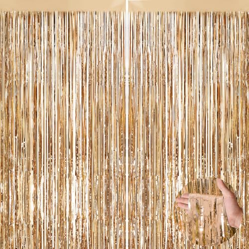 Champagne Gold Metallic Tinsel Foil Fringe Curtains, 2 Pack 3.3x8.3 Feet Party Streamer for Birthday Party Decorations, Halloween Decor, Foil Curtain for Bachelorette Party - color: Champagne Gold, size: 2 Pack