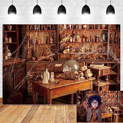 6x4ft Old Abandoned Chemistry Laboratory Photography Backdrop Background Poison Bottles Skeleton Lab Scary Halloween Party Decorations Spooky Witch's Room Black Magic Lab Backdrop Banner - size: 6x4ft