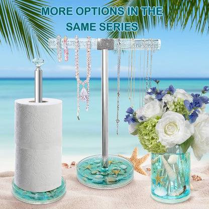 FONMY Jewelry Stand Holder Organizer Acrylic w/Nature Seashell Handmade,Seascape Countertop Jewelry Holder,Gift for Women,Jewlery Tower for Necklace, Earring, Bracelet (Blue)