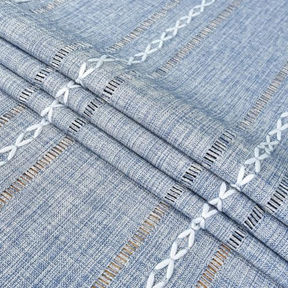 NEWISHER Rustic Farmhouse Embroidered Small Rectangle Tablecloth, Jacquard Striped Table Cloth Washable Fabric Dining Table Cover for Nightstand, Bedside Table, End Table (15x35 Inch), Blue and Grey - color: Blue and Grey, size: 35" x 15" (Rectangular)
