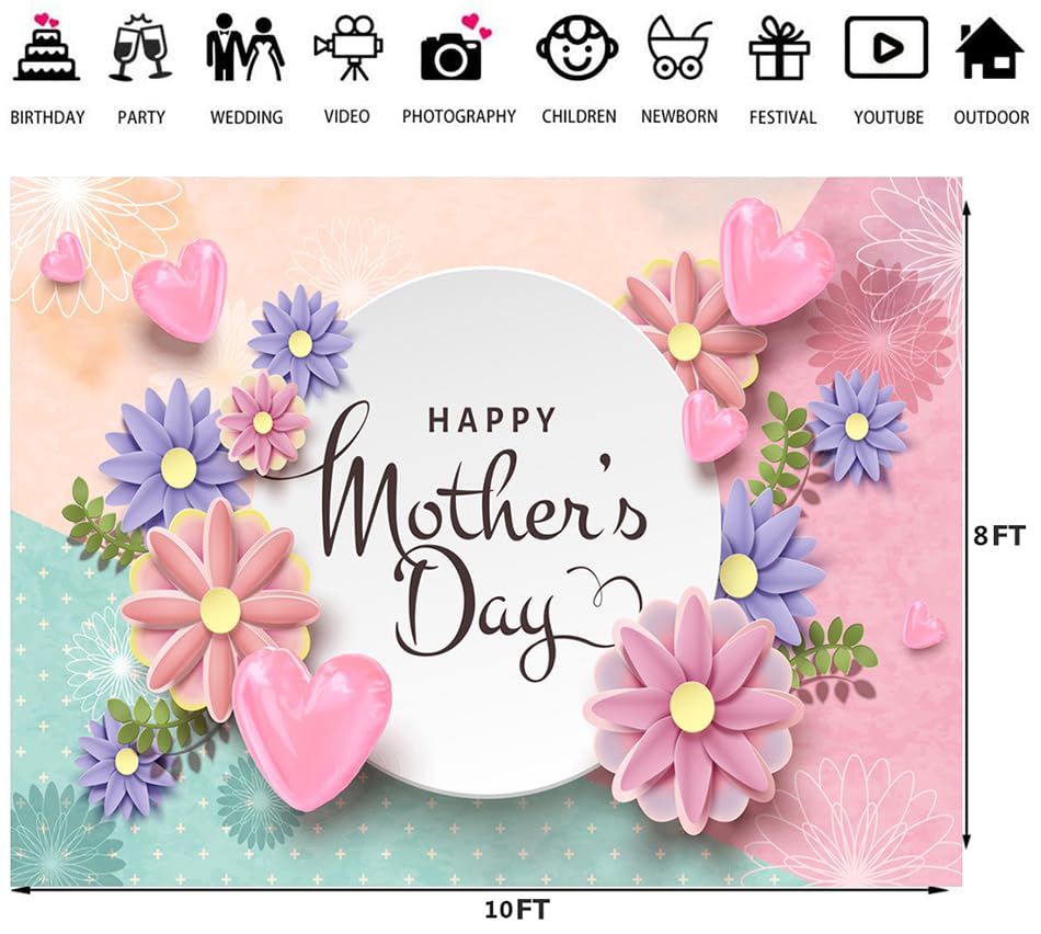 10x8ft Happy Mother's Day Backdrops Thanks Mother Party Photoshoot Backdrops Mom's Day Party Decorations Banner Photo Backdrop Mother's Day Birthday Party Background 138 - size: 10x8ft