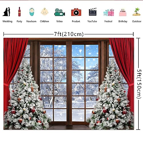 Lofaris 7x5ft Winter Scene Backdrop Wonderland Snowflake Photography Background Window Red Curtain Forest Christmas Tree Party Decoration Tree Landscape Kids Portrait Photobooth Photo Studio Props