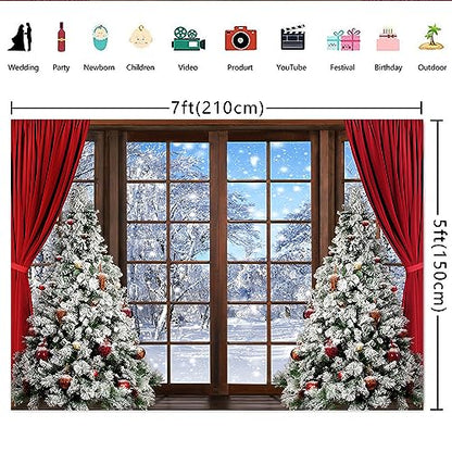 Lofaris 7x5ft Winter Scene Backdrop Wonderland Snowflake Photography Background Window Red Curtain Forest Christmas Tree Party Decoration Tree Landscape Kids Portrait Photobooth Photo Studio Props