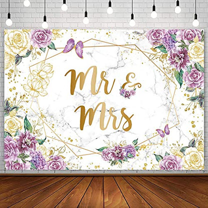 AIBIIN 7x5ft Mr and Mrs Floral Marble Backdrop for Bridal Shower Purple Flowers Butterfly Photography Background Gold Geometric Couple Wedding Party Decorations Bride to Be Engagement Banner Props