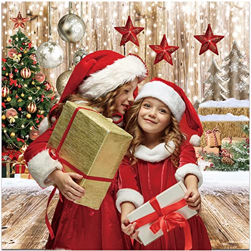 8x10Ft Christmas Backdrop Christmas Backdrops for Photography Winter Snow Backdrop Rustic Wood Floor Backdrop Xmas Tree Gift Christmas Family Party Background - size: 8x10ft