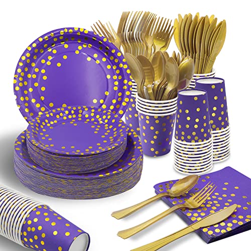 AIRE 350PCS Purple Gold Paper Plates Party Supplies for 50 Guests Party Decorations Disposable Dinnerware Paper Plates Cups Napkins Gold Plastic Forks Knives Spoons for Birthday Baby Shower Wedding - color: 350pcs Purple and Gold