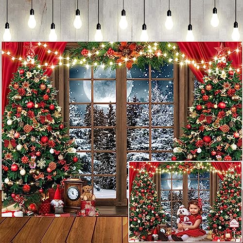 7x5ft Winter Christmas Photography Backdrop Xmas Rustic Wooden Window Full Moon Night Background Baby Kids Party Decorations Portrait Cake Table Banner Photo Studio Props - size: 7x5ft