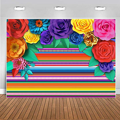 Mexican Theme Party Striped Backdrop Fiesta Cinco De Mayo Paper Flowers Background Party Decoration for Cake Table Decor Photo Booth 8X6FT 071 - size: 8′x6′