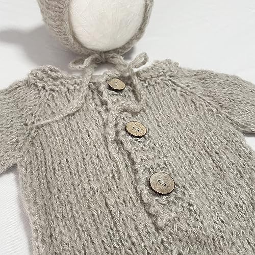 2Pcs Newborn Photography Props Boy Photo Posing Outfits Baby Photoshoots Girl Crochet Bear Hat Romper - color: Grey