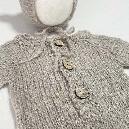 2Pcs Newborn Photography Props Boy Photo Posing Outfits Baby Photoshoots Girl Crochet Bear Hat Romper - color: Grey