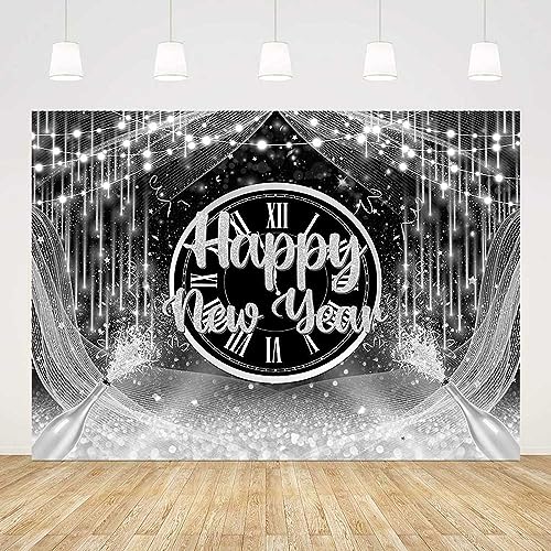 AIBIIN 7x5ft Happy New Year Backdrop 2026 New Years Party Decorations Black Silver New Years Eve Annual Countdown Party Supplies Silver Family NYE Party Banner Photo Shoot Props - color: Black Silver, size: 7x5ft