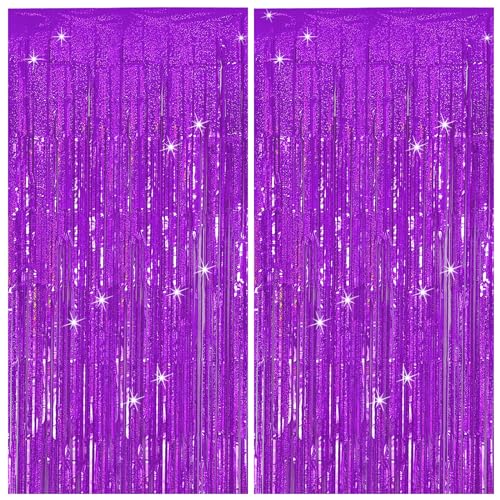 Tinsel Curtain Party Backdrop Purple Birthday Party Decorations 2 Packs Glitter Foil Fringe Curtain Decor Streamers Photo Booth for Birthday Christmas Wedding Halloween Graduation - color: Purple, size: 2 Pack