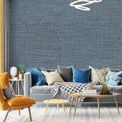 Blue Gray Grasscloth Peel and Stick Wallpaper 17.3"x120" Faux Linen Textured Contact Paper Removable Self Adhesive Vinyl Wallpaper for Bedroom Bathroom Kitchen Cabinets - color: Blue/Gray, size: 17.3" x 120"