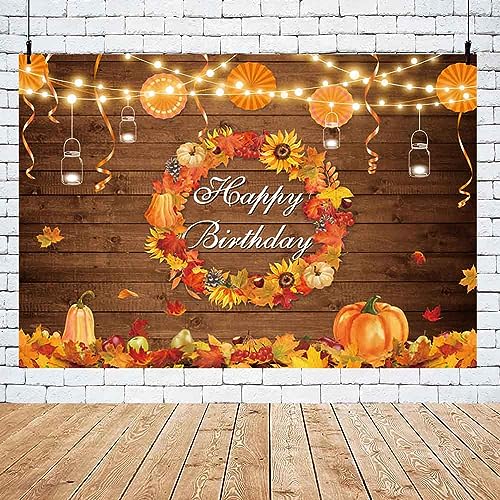 AIBIIN 10x7ft Fall Birthday Backdrop Autumn Rustic Wood Wall Photography Background Thanksgiving Pumpkin Maple Leaf Harvest Wreath Mexican Paper Fan Party Decoration Bday Cake Smash Photo Studio Props - size: 10x7ft