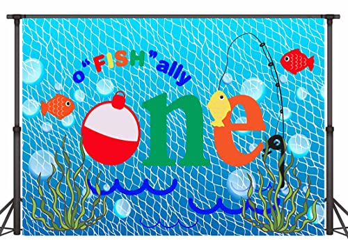Gone Fishing 1st Birthday Party Photography Backdrop, 5X3FT, O Fish Ally Blue Fishing Nets Bubbles Background, Photo Booth Studio Props RBJYYLU79 - size: polyester microfiber fabric-5x3ft