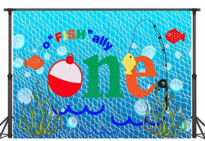 Gone Fishing 1st Birthday Party Photography Backdrop, 5X3FT, O Fish Ally Blue Fishing Nets Bubbles Background, Photo Booth Studio Props RBJYYLU79 - size: polyester microfiber fabric-5x3ft