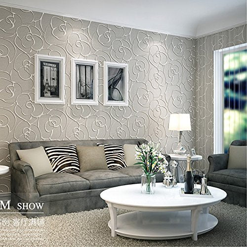 Q QIHANG Modern Minimalist Embossed 3D Rose Flower Non-Woven Non-Self Adhesive Wallpaper Cream&Gray Color 0.53m(1.738' W) x 10m(32.8' L)=5.3㎡(57 sq.ft) - color: Cream Gray