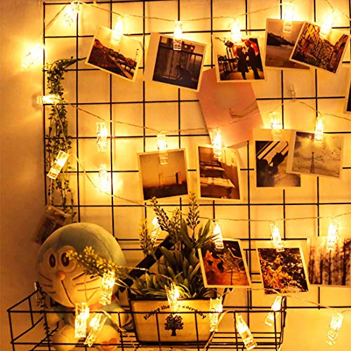 Dopheuor Photo Clip String Lights LED Battery Operated Starry Fairy Copper String Lights with Clips Warm White for Pictures Bedroom Wall Patio Halloween Thanksgiving Christmas Party Wedding Décor - color: Warm-white, size: 20