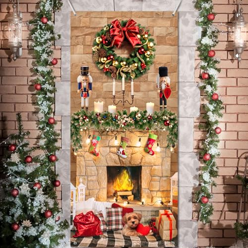 Buryeah Christmas Door Cover Decoration Christmas Fireplace Door Cover Xmas Nutcracker Banner Backdrop Photo Booth Prop Background for Winter Xmas Holiday New Year Party 6.5 x 3 Feet(Bright) - style: Bright
