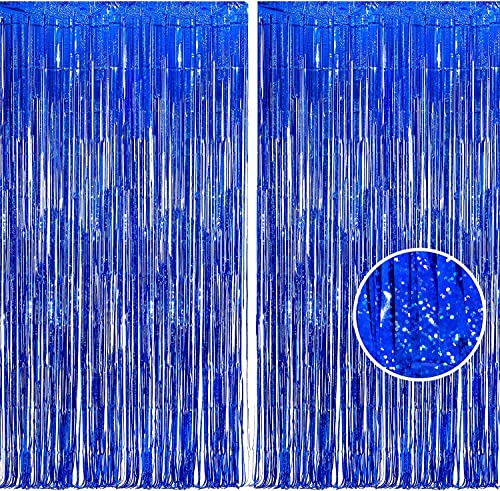 BRAVESHINE Blue Tinsel Foil Fringe Curtains - 2Pcs 3.2x8.2 ft Metallic Photo Backdrop for Graduation/Retirement/Boy/Men/30th/Birthday/Homecoming/Under Sea/Bachelorette/Engagement Party Decorations - color: Blue