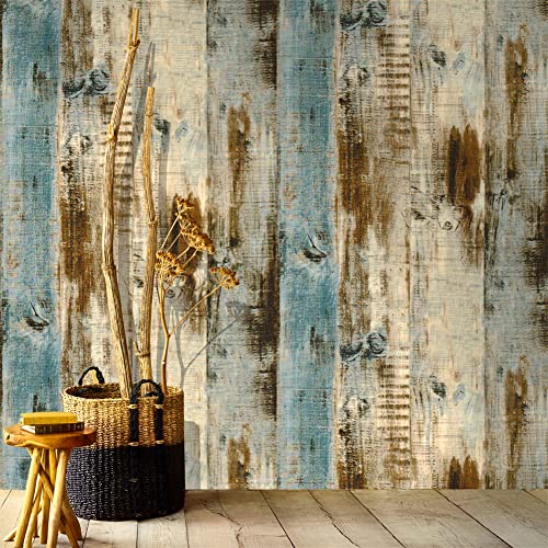 Wood Peel and Stick Wallpaper 17.3"×1200" Vintage Wood Grain Contact Paper Removable Self Adhesive Vinyl Wood Look Wall Paper for Bedroom Kitchen Cabinets Countertop - color: Brown/Blue, size: 17.3" x 1200"