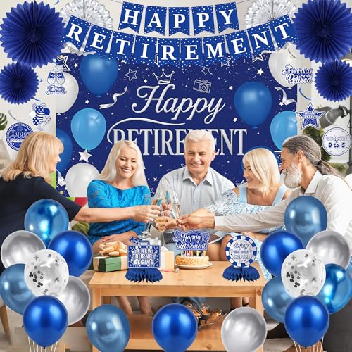 Holkcog Blue Retirement Party Decorations for Women, Silver Blue Happy Retired Banner Backdrop Paper Fan Hanging Swirls for Coworker, I'm Retired Cake Top & Honeycomb Set, Great for Retiring Women - style: Blue