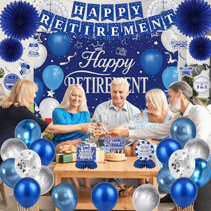 Holkcog Blue Retirement Party Decorations for Women, Silver Blue Happy Retired Banner Backdrop Paper Fan Hanging Swirls for Coworker, I'm Retired Cake Top & Honeycomb Set, Great for Retiring Women - style: Blue