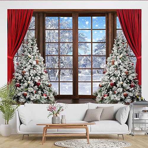 Lofaris 7x5ft Winter Scene Backdrop Wonderland Snowflake Photography Background Window Red Curtain Forest Christmas Tree Party Decoration Tree Landscape Kids Portrait Photobooth Photo Studio Props