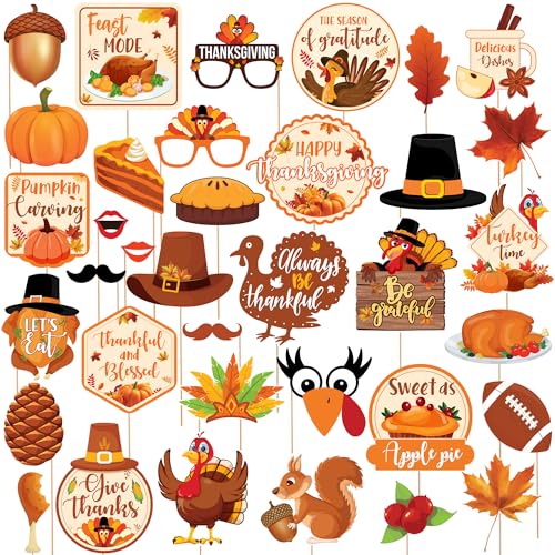 KatchOn, Happy Thanksgiving Picture Props - Pack of 36 | Turkey Photo Booth Props for Autumn, Fall | Photo Booth Props for Thanks Giving Decorations | Thanksgiving Harvest Party Decoration - color: Orange Brown