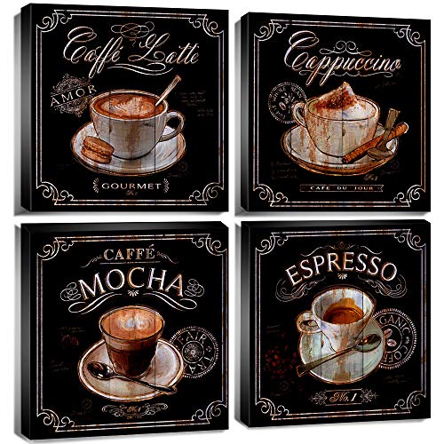 Vintage Coffee Wall Decor Kitchen Bar Wall Art Retro Coffee Picture Brown Latte Mocha Espresso Cup Cafe Signs Canvas Painting Modern Artwork for Dining Room Restaurant Office Home Decoration 16x16" 4P - color: Coffee, size: 16"l X 16"w