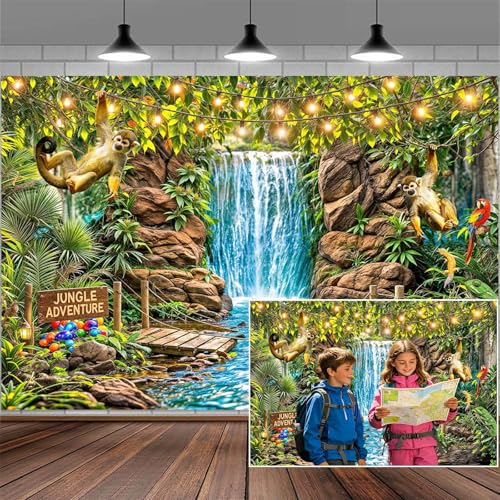 5x3ft 2026 Rainforest Waterfall Backdrop Tropical Safari Photography Backdrop Jungle Adventure Camper Kids Falls Backdrop Wild Animals for Vacation School Banner Party Decorations Photo Background - color: Multi92, size: 5X3ft