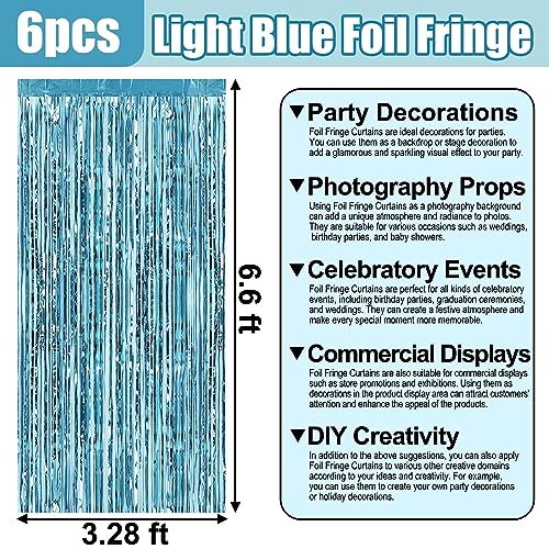 6 Pack Light Blue Foil Fringe Curtain Backdrop, 3.28Ft x 6.6Ft Metallic Tinsel Foil Fringe Streamer Curtains for Photo Booth, Christmas Day, Thanksgiving, Wedding, New Year Party Decorations - color: Light Blue