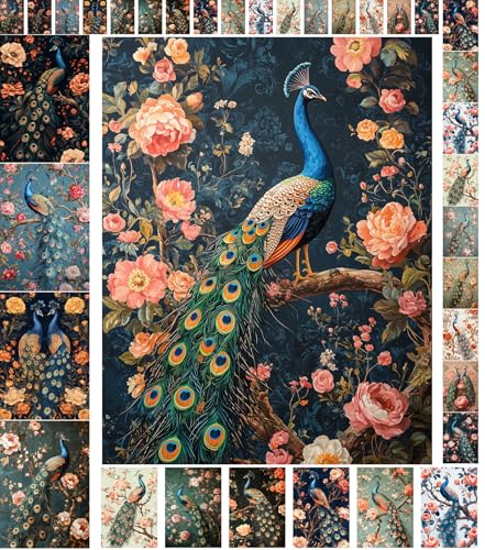 Decoupage Paper Pack (35 Sheets 6"x8") Peacock Elegance: Majestic Peacocks with Vibrant Feathers, Perched Gracefully Among Blooming Roses, Creating a Regal and Timeless Design FLONZ Vintage - color: Seven