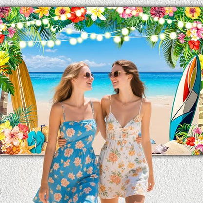 8 x 6 ft Summer Party Backdrop Hawaii Ocean Beach Tropical Leaves Flower Background Aloha Decorations Photo Booth Props Seaside Luau Happy Birthday Party Banner - size: 8*6 ft