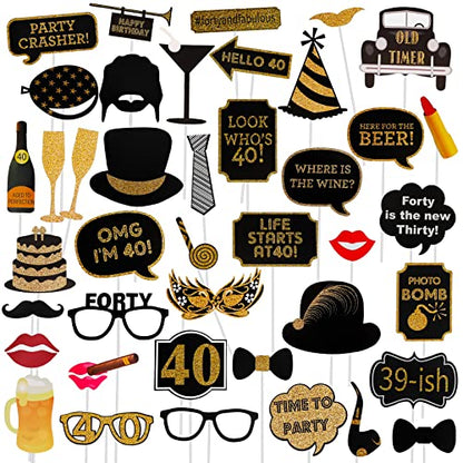 40th Birthday Photo Booth Props - 41 Pcs Black and Gold Decor, Funny Milestone Party Supplies for Men & Women, Retro 1986 Theme Selfie Station Accessories for Surprise Party, 40th Celebration Bash